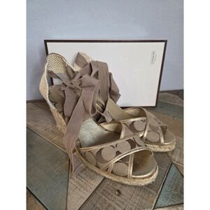 Coach Signature Mila Espadrille Lace Up Wedge Sandals Open Toe Heels Size 9‎ M